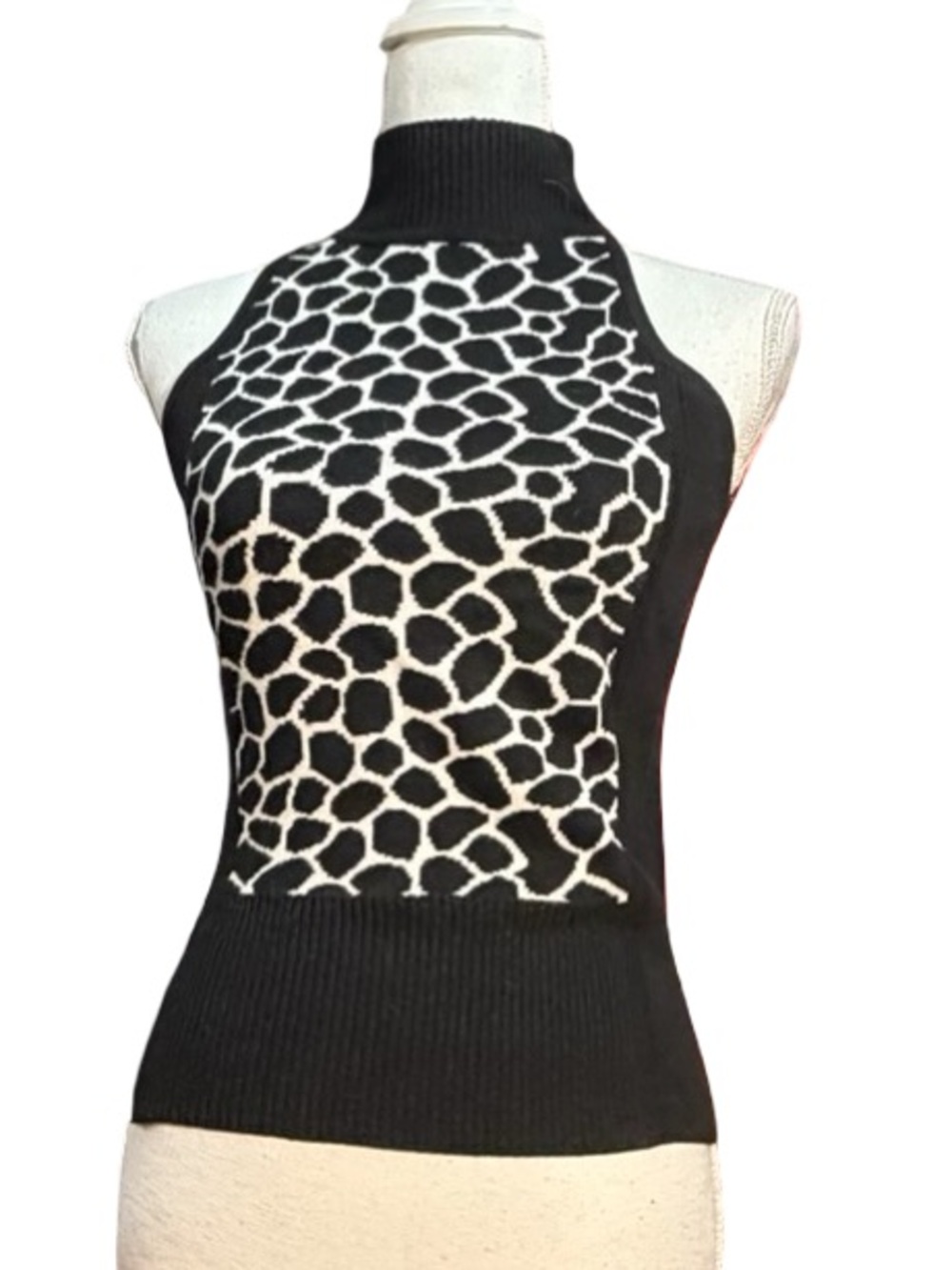 Cache Black and White Halter‎ Neck Animal Print Top, XS